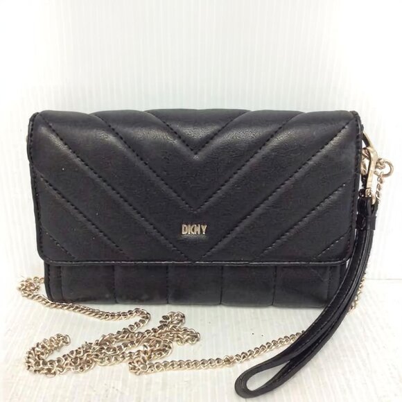 DKNY Black Quilted 2-in-1 Wristlet & Crossbody Bag | Gold Chain - Picture 1 of 4